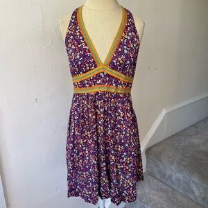 Vintage 1960s/1970s New Morning Designs Purple Floral Cotton Halter Dress 11/12